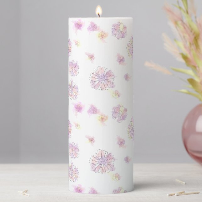 Watercolor Spring Flowers Pattern Pillar Candle  (In Situ)