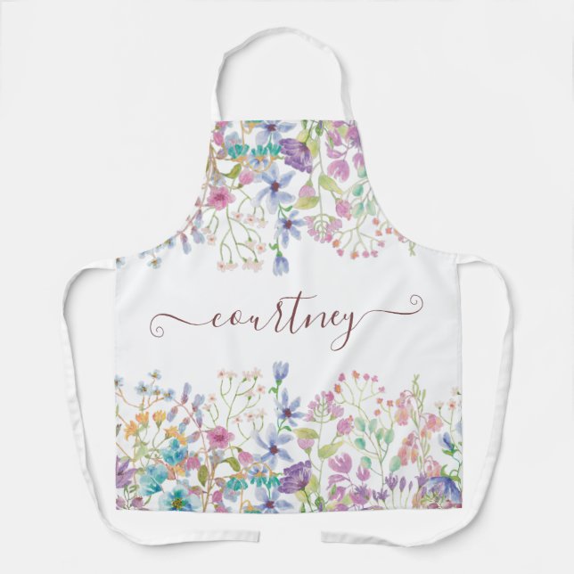 Watercolor spring flowers personalized  apron (Front)