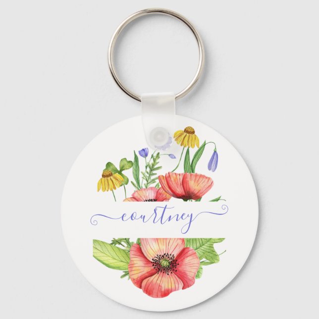 Watercolor spring flowers personalized  keychain (Front)