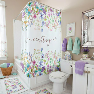 Watercolor spring flowers personalized shower curtain