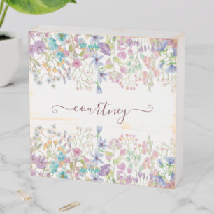 Watercolor spring flowers personalized wooden box sign