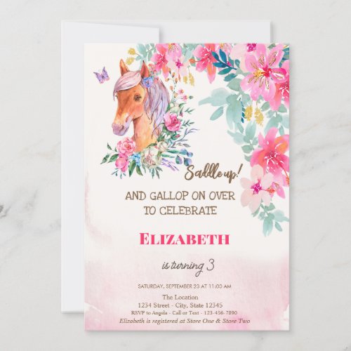 Watercolor Spring Flowers Pony Birthday Invitation