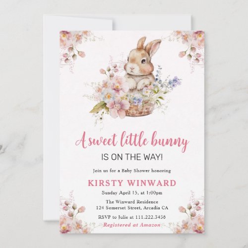 Watercolor Spring Flowers Rabbit Baby Shower Invitation