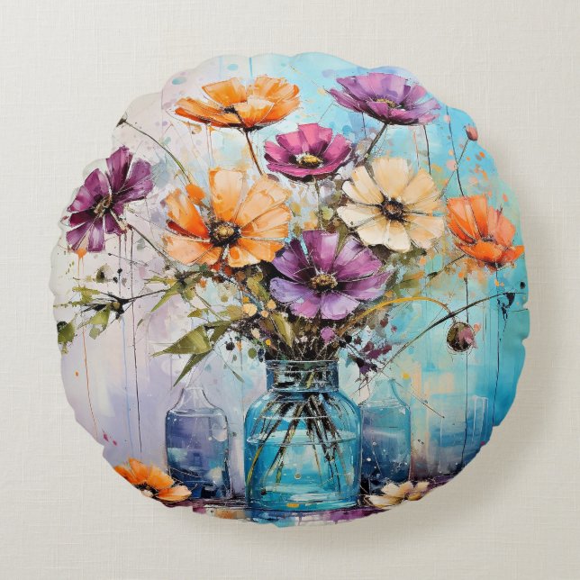 Watercolor Spring Flowers Round Pillow (Front)