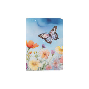 Watercolor Spring Flowers Single Butterfly Passport Holder