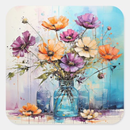 Watercolor Spring Flowers Square Sticker