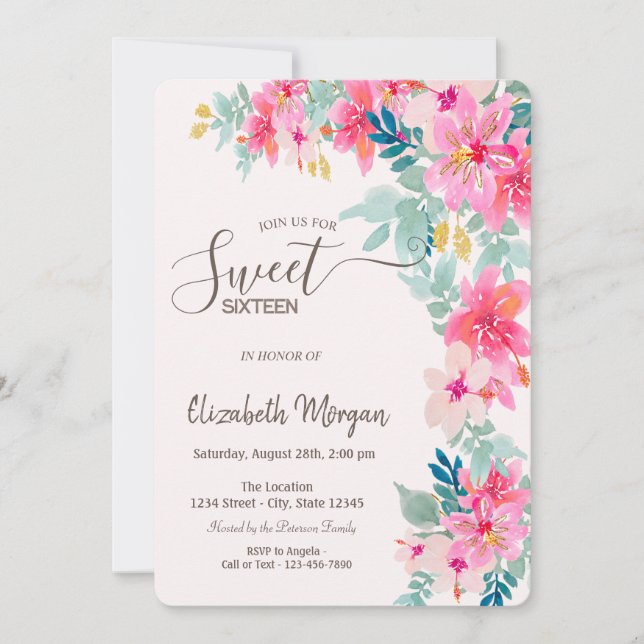 Watercolor Spring Flowers Sweet 16 Invitation (Front)