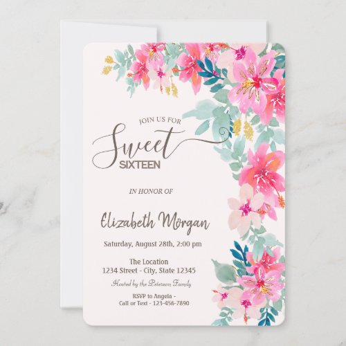 Watercolor Spring Flowers Sweet 16 Invitation