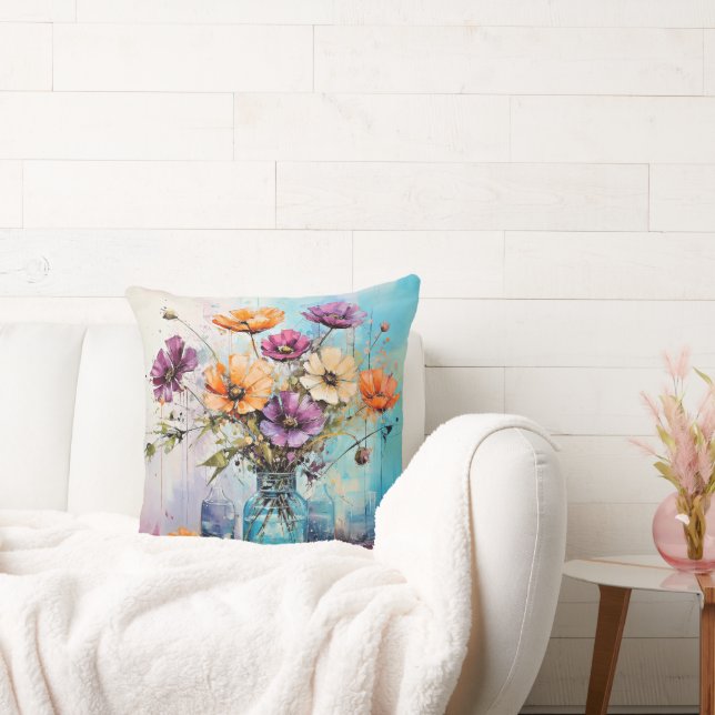 Watercolor Spring Flowers Throw Pillow (Couch)