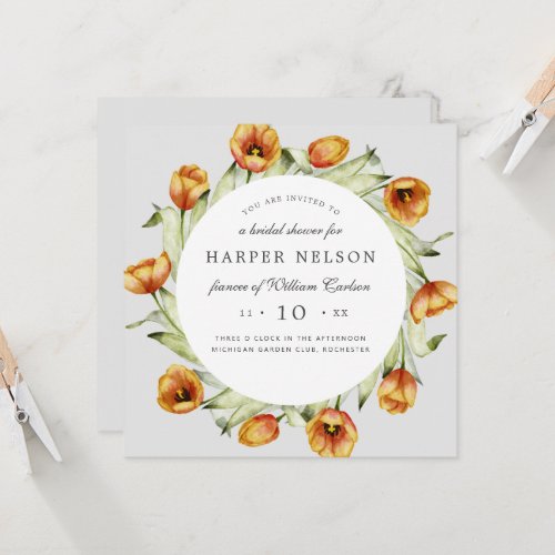 Watercolor spring flowers tulips bridal shower  in invitation