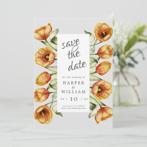 Watercolor spring flowers tulips save the date invitation