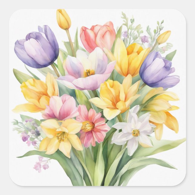 Watercolor Spring Flowers Tulips Square Sticker (Front)