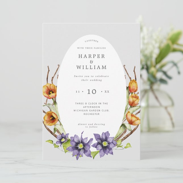 Watercolor spring flowers twigs oval wedding invitation (Standing Front)