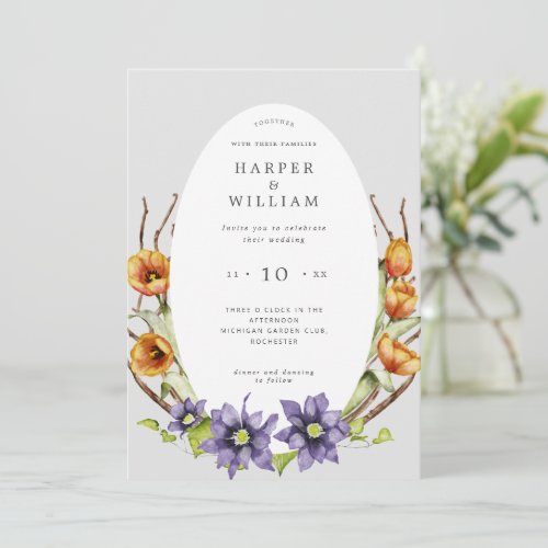 Watercolor spring flowers twigs oval wedding invitation