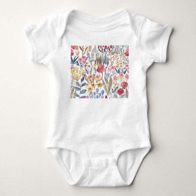 Watercolor spring flowers, vibrant seamless patter baby bodysuit (Front)