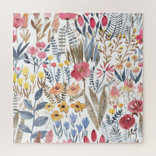 Watercolor spring flowers, vibrant seamless patter jigsaw puzzle