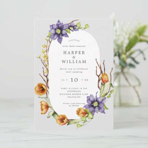 Watercolor spring flowers wedding invitation