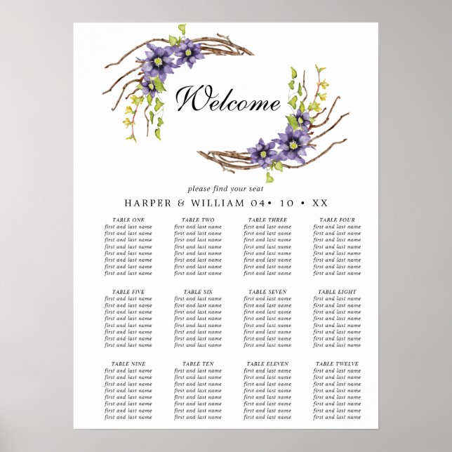 Watercolor spring flowers wedding seating chart (Front)