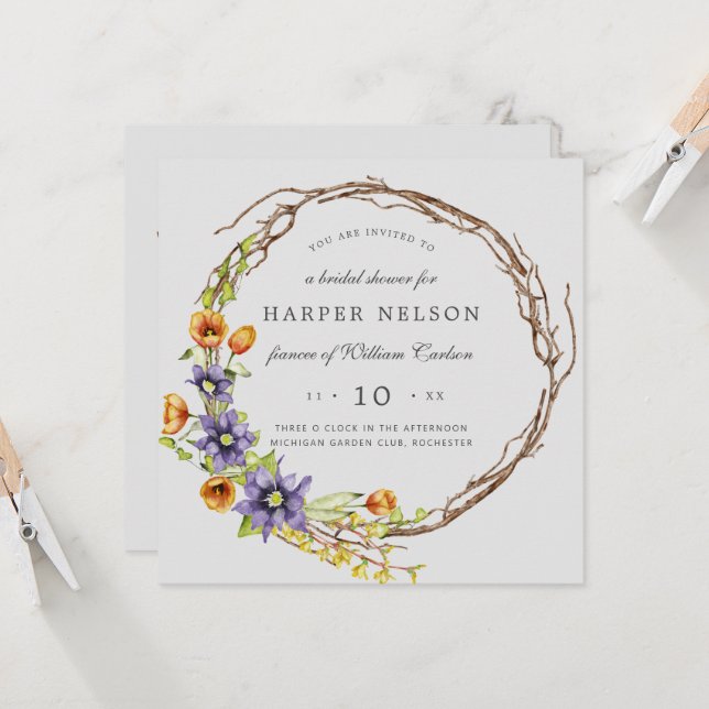 Watercolor spring flowers wreath bridal shower invitation (Front/Back In Situ)