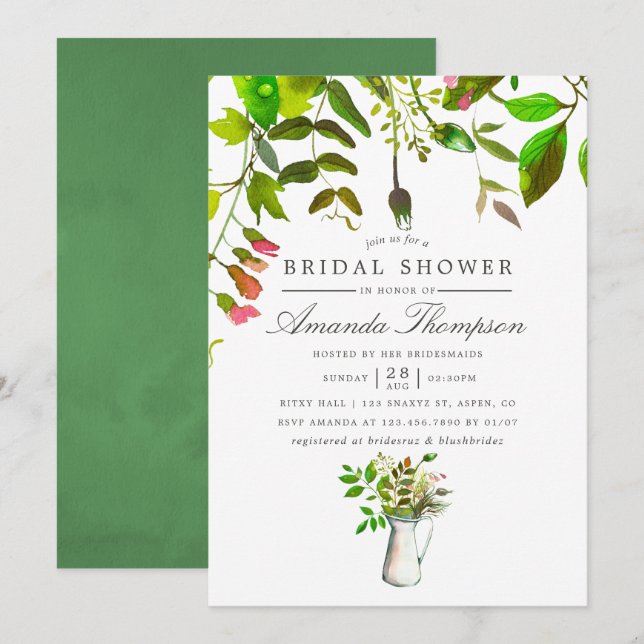 Watercolor Spring Foliage Bridal Shower Invitation (Front/Back)