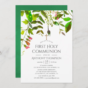 Watercolor Spring Foliage First Holy Communion Invitation