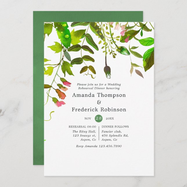 Watercolor Spring Foliage Rehearsal Dinner Invitation (Front/Back)