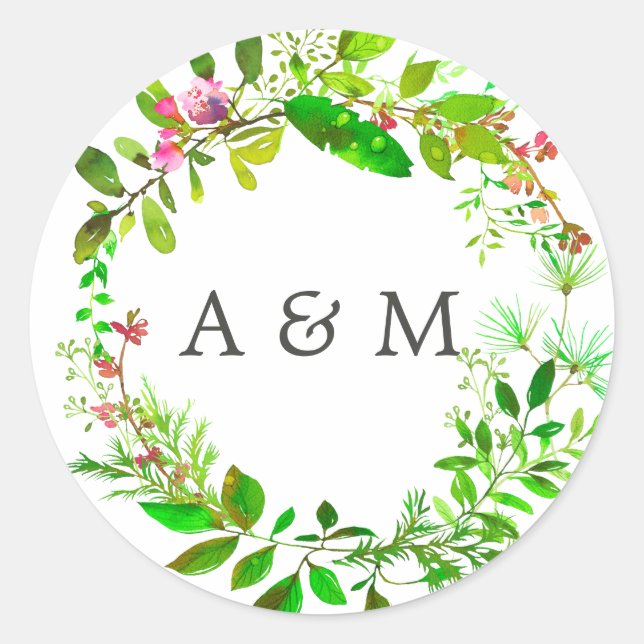 Watercolor Spring Foliage Wedding Classic Round Sticker (Front)
