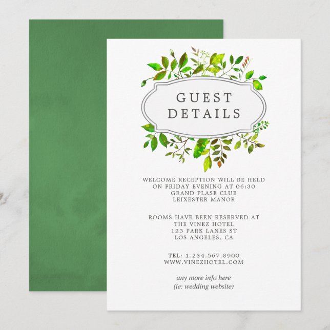 Watercolor Spring Foliage Wedding Guest Details Invitation (Front/Back)