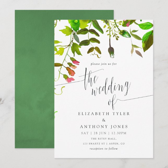Watercolor Spring Foliage Wedding Invitation (Front/Back)