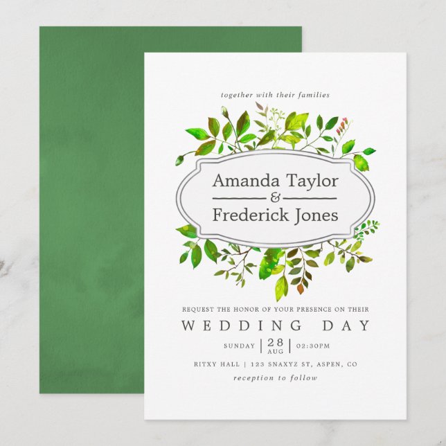 Watercolor Spring Foliage Wedding Invitation (Front/Back)