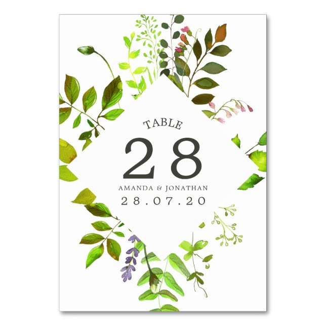 Watercolor Spring Foliage Wedding Table Number (Front)