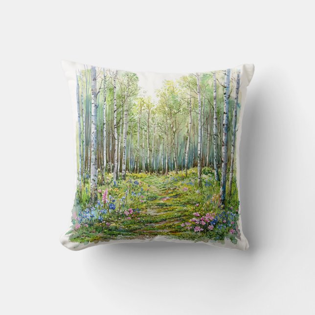 Watercolor Spring Forest Throw Pillow (Front)