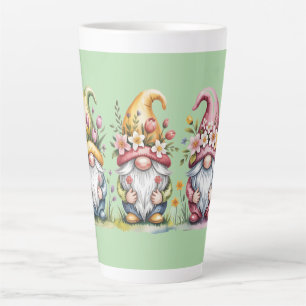 Watercolor Spring Gnome Trio with Floral Hats Latte Mug