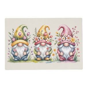 Watercolor Spring Gnome Trio with Floral Hats Placemat