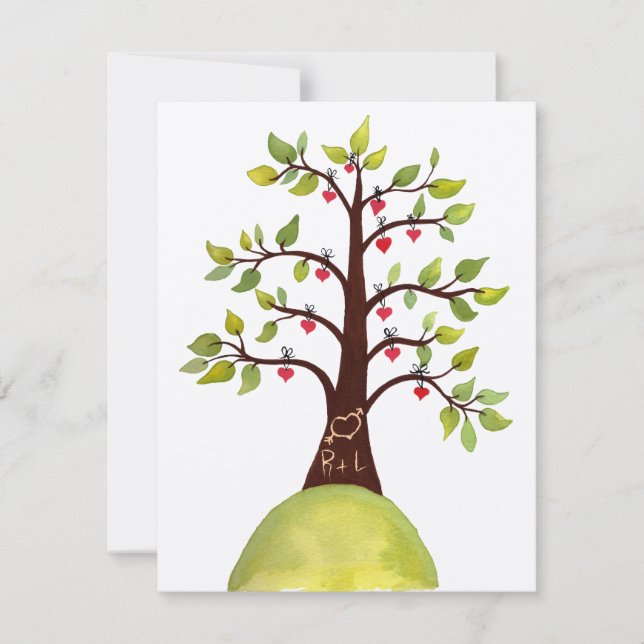 Watercolor Spring Green Monogram Tree Wedding Card (Front)