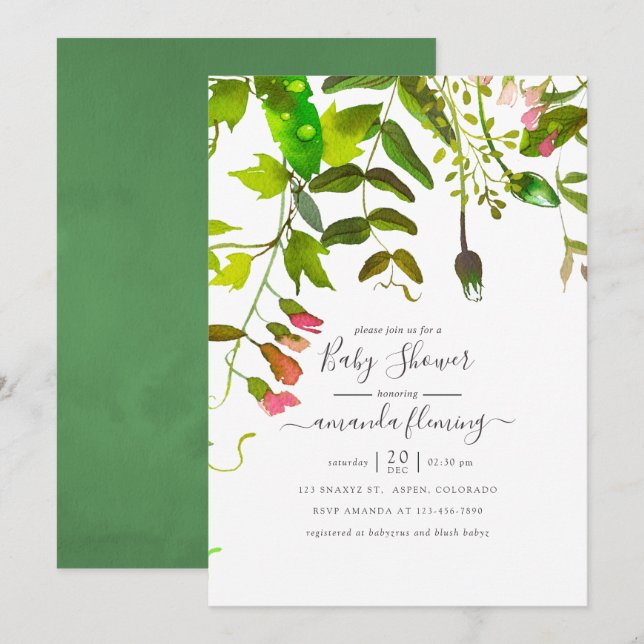Watercolor Spring Greenery Baby Shower Invitation (Front/Back)