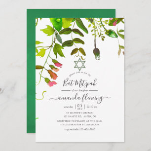 Watercolor Spring Greenery Bat Mitzvah Invitation