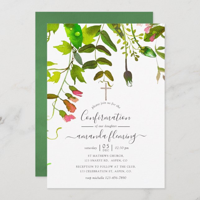 Watercolor Spring Greenery Confirmation Invitation (Front/Back)