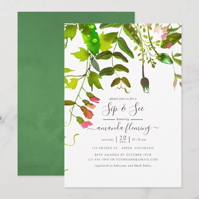 Watercolor Spring Greenery Sip and See Invitation (Front/Back)