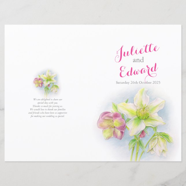 Watercolor spring hellebores wedding program (Front)