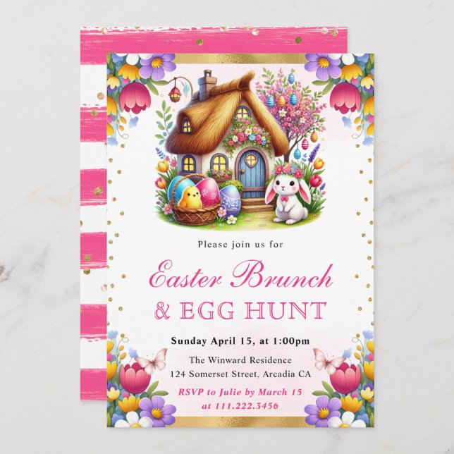Watercolor Spring House Rabbits Easter Brunch Invitation (Front/Back)