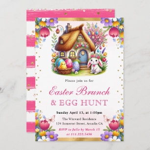 Watercolor Spring House Rabbits Easter Brunch Invitation