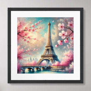 Watercolor spring in Paris and cherry blossoms Framed Art
