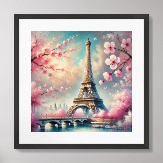 Watercolor spring in Paris and cherry blossoms Framed Art (Framed Front)