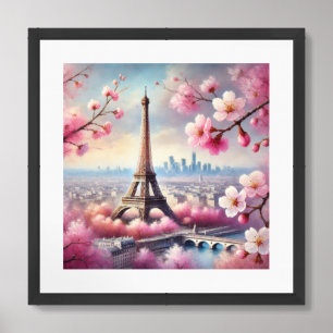 Watercolor spring in Paris and cherry blossoms Framed Art