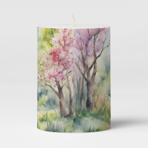 Watercolor Spring Nature Scene Pillar Candle