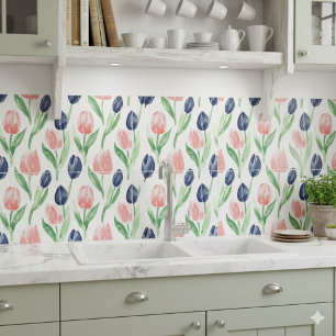 Watercolor Spring Navy Pink Tulip Pattern Ceramic Tile