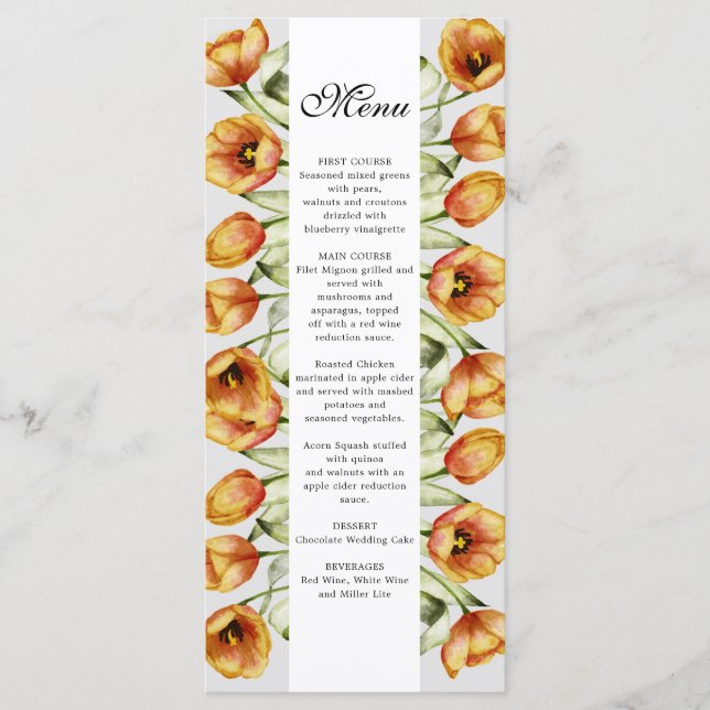 watercolor spring orange tulips wedding menu (Front)