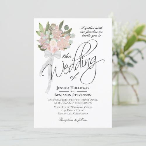 Watercolor Spring Pink Bouquet Rustic Boho Wedding Invitation