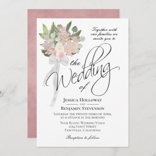 Watercolor Spring Pink Bouquet Rustic Boho Wedding Invitation